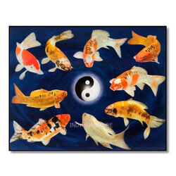 กรอบลอยภาพมงคล ปลาคราฟ 9 ตัว ว่ายรอบหยินหยาง ขาวดำ (เงินทอง สุขภาพ ไหลเวียนดี) ขนาด 40x50x2 ซม. (2924)