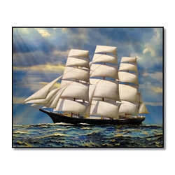 กรอบลอยภาพมงคล เรือสำเภาสีขาว แสงอาทิตย์สาดส่องยามเช้า ขนาด 40x50x2 ซม. (2091)