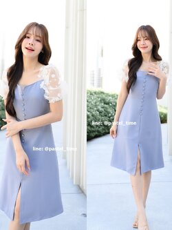 Eve - 3D Floret Midi Dress : สีฟ้าคราม [Made by Pastel Time]