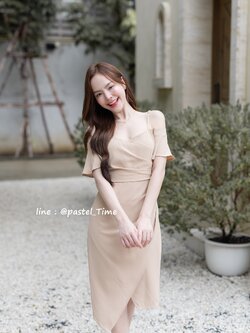 Celestia off-shoulder dress : สีเบจ [Made by Pastel Time]