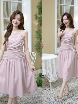 Elise Draped Lace Midi Dress : สีชมพู [Made by Pastel Time]