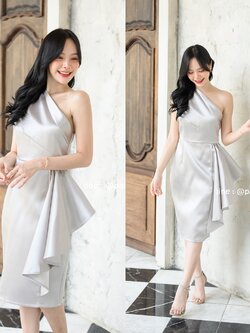 Micha Layered Silk Satin Dress – Silver : เดรสสั้นสีเงิน