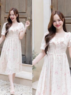 Florence Vintage Dress : ลายดอกไม้สีชมพู
