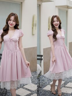 Priscilla Midi Dress : สีชมพู [Made by Pastel Time]