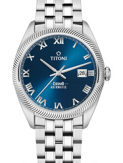 TITONI Automatic COSMO รุ่น 878S-958 (หน้าปัดสีน้ำเงิน ขอบคลื่นน้ำ สายสแตนเลส) ประกันศูนย์ไทย
