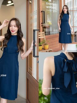 Milly Back Bow Dress : สีกรม