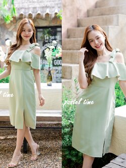 Kristen off-shoulder dress : สีเขียวมัทฉะ [Made by Pastel Time]
