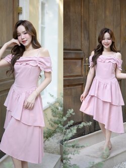 Fleur Classic Asymmetric Midi Dress : สีชมพู [Made by Pastel Time]