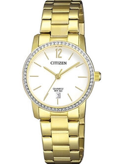 CITIZEN Quartz ผู้หญิง รุ่น EU6032-85A (หน้าขาว เรือนทอง ขอบคริสตัล) เครื่องศูนย์ไทย