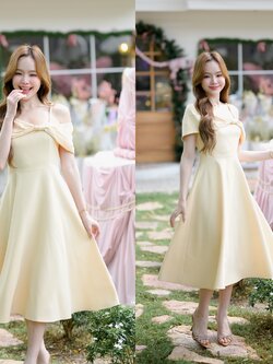 Charming Off-Shoulder Midi Dress : สีครีมเหลือง [Made by Pastel Time]