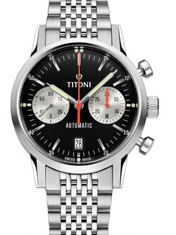 TITONI Heritage Bicompax Chronograph รุ่น 94020 S-681 หน้าปัดดำ สายสแตนเลส (ประกันศูนย์ไทย)