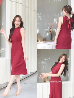 Milly Back Bow Dress : สีแดงเลือดหมู