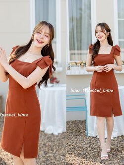 Maggie Double Bow Dress : สีส้มอิฐ [Made by Pastel Time]