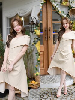 Claudia Asymmetric Dress : สีเบจ [Made by Pastel Time]
