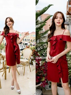 Kathy Off Shoulder Dress – สีแดงเลือดหมู