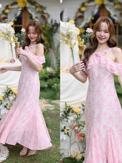 Pink Toile Bow Off-Shoulder Maxi Dress