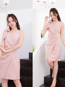 Dacia Bow Shoulder Dress – สีชมพู