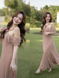 Fay Off-Shoulder Maxi Dress – Ovaltine สีโอวัลติน