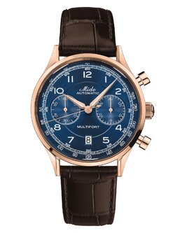 MIDO AUTOMATIC MULTIFORT PATRIMONY CHRONOGRAPH รุ่น M040.427.36.042.00 (หน้าน้ำเงิน ขอบโรสโกลด์ โครโนกราฟ สายหนังน้ำตาลเข้ม)