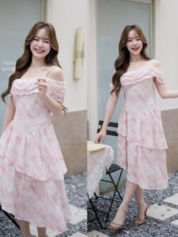 Fleur Asymmetric Midi Dress : ผ้าลายพิมพ์สีโอรส [Made by Pastel Time]