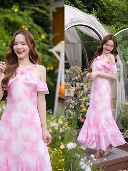 Pink Cloudy Off-Shoulder Maxi Dress ลายเมฆชมพู