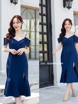 Fancille Drapery Midi Dress - สีกรม