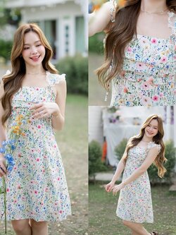 Girlish Floret Dress : ลายดอกโทนเขียว [Made by Pastel Time]