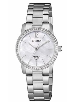 CITIZEN Quartz ผู้หญิง รุ่น EU6030-81D (หน้าขาวมุก สายสแตนเลส ขอบคริสตัล) เครื่องศูนย์ไทย