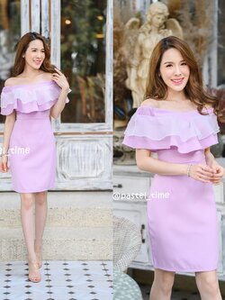 Swirl Organza Open Shoulder Dress – สีม่วง