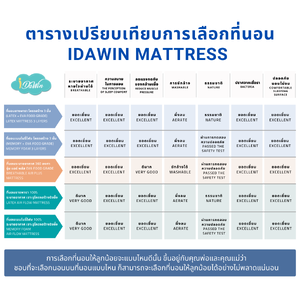 ตารางการเปรียบเทียบของที่นอนชนิดต่างๆ ของ iDawin Mattress