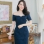 Natzy Lace Open Shoulder Dress – สีกรม
