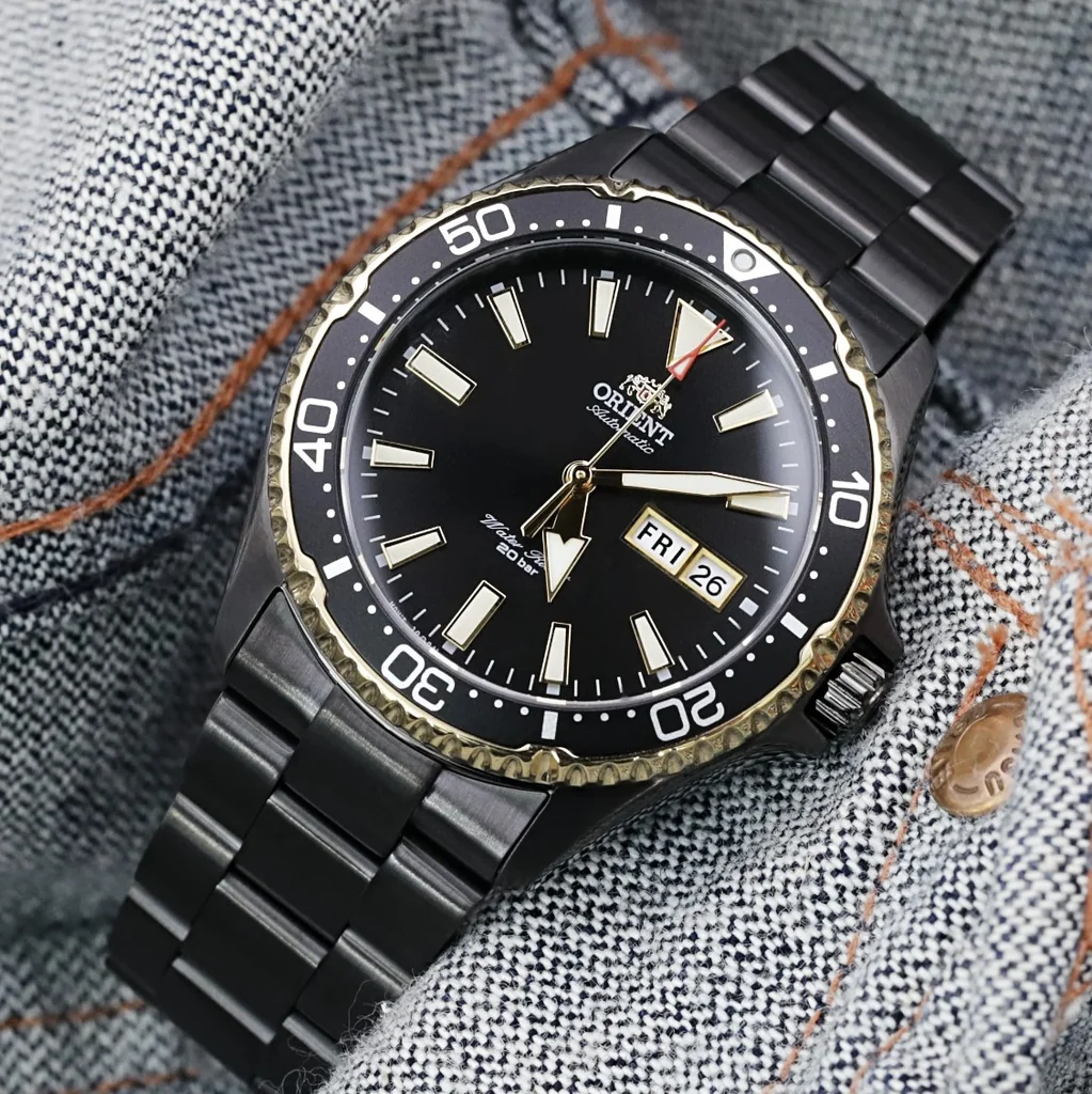 22mm Super-O Boyer Orient Black Kamasu, 316L Stainless Steel Diamond-like Carbon (DLC coating) V-Clasp